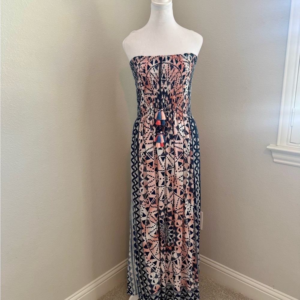 Surf Gypsy Strapless Maxi Dress in Pink and Navy Geometric Print